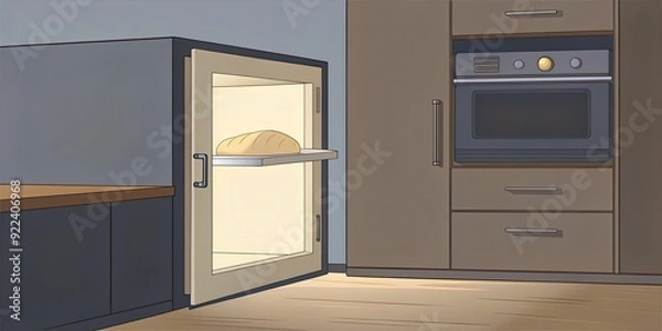 Fototapeta Freshly baked bread cooling in an open oven in a modern kitchen.