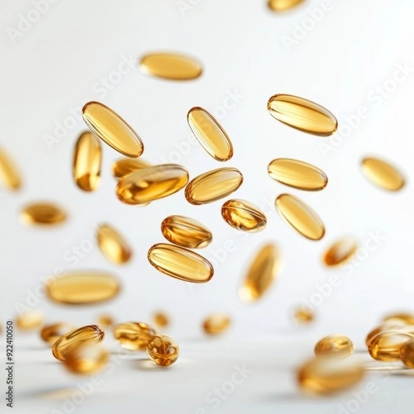 Fototapeta Close up of Omega 3 pill capsules falling on an isolated white background
