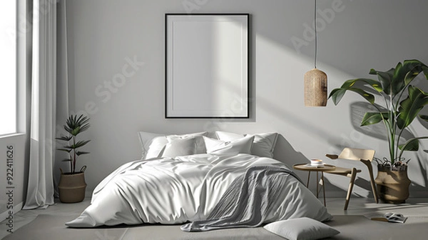 Fototapeta A minimalist bedroom with a large bed, a large potted plant, and a framed piece of art. The room is bathed in soft sunlight.