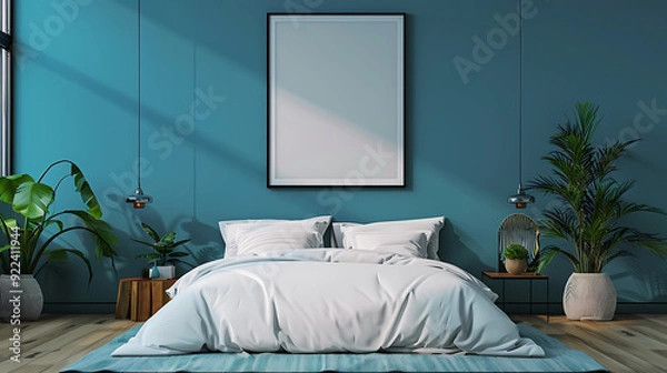 Obraz A modern bedroom with a teal wall, a white bed, and a large picture frame above the bed.