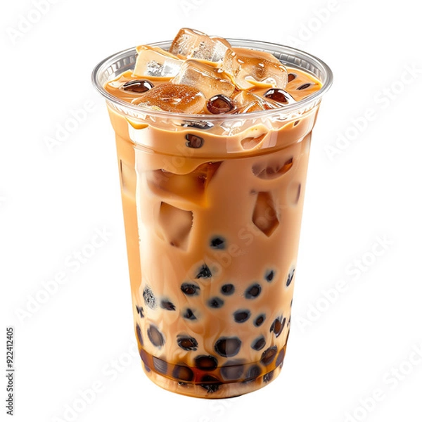 Obraz Close-up of a refreshing cup of iced bubble milk tea with tapioca pearls on white background. Perfect for a summer cooling beverage.