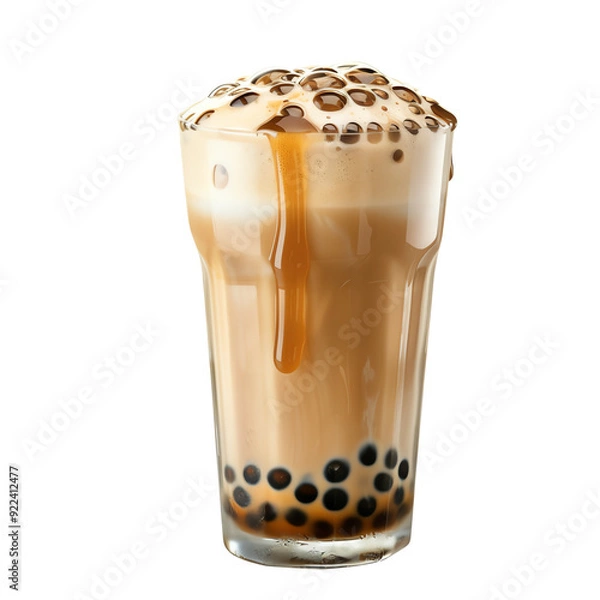 Obraz Refreshing glass of bubble tea with tapioca pearls, topped with frothy milk and caramel sauce, isolated on white background.