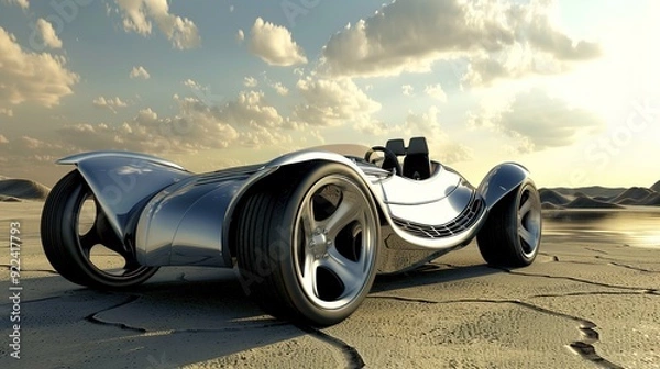 Fototapeta Sleek silver sports car parked in a desert landscape.