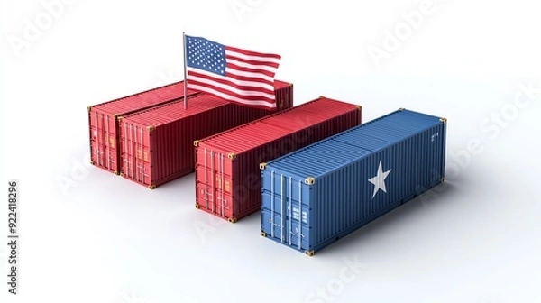 Fototapeta US and Texas cargo containers with flags, symbolizing trade and logistics.