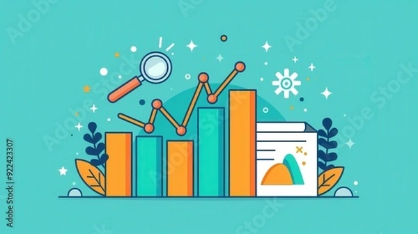 Fototapeta Detailed analysis, bar graph with a magnifying glass, flat design illustration