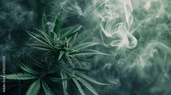 Fototapeta Marijuana leaves on a smoke background, close up top view on cannabis leaves and branches on smoke background for alternative medical and marketing design concept