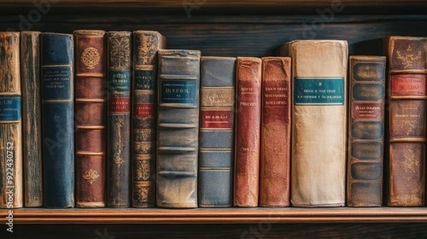 Fototapeta A wooden shelf full of books, with several of them displaying old, worn covers, adding a touch of nostalgia.