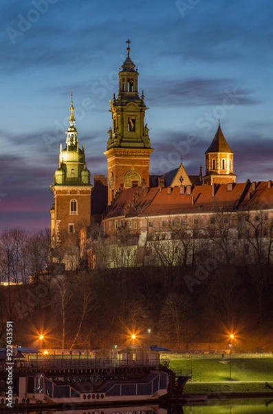 Fototapeta Wawel Castle and Wawel cathedral seen from the Vistula boulevards in the morning