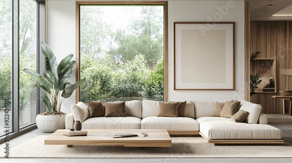 Obraz wooden frame with clean edges in a modern living room with large windows