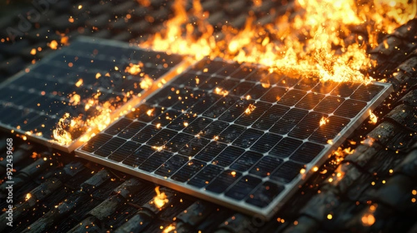 Fototapeta Two solar panels on a rooftop are engulfed in flames, creating a dramatic scene with intense fire and glowing sparks against a dark, evening sky backdrop.