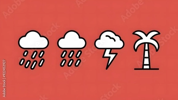 Fototapeta 2D icons of clouds, rain, thunder and palm trees separated on a bright red background in a simple black and white design, with vertical and curved lines forming their bodies.