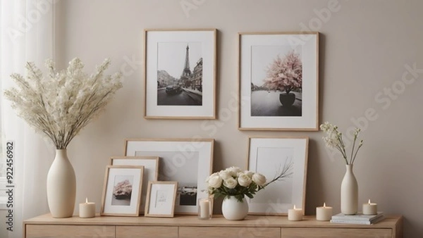 Obraz A modern living room with featuring vertical poster frames in wooden frame borders on the wall mock-up 3d illustration template.