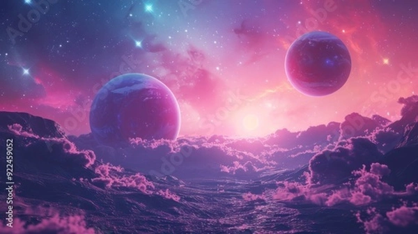 Obraz Detailed view of planets with colorful atmospheres (copy space, extraterrestrial scene, dynamic, Double exposure, Open field)