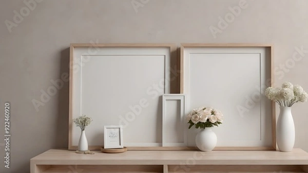 Fototapeta Empty photo frames on or against the wall in the Living room interior design 3d illustration template. Decorative items near around the poster frame.