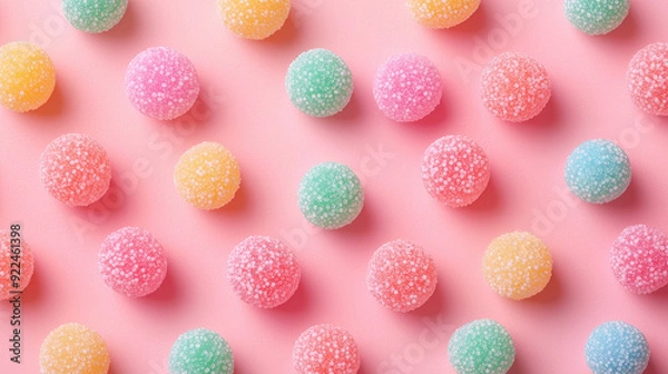 Fototapeta An array of colorful gumdrops with a sugary exterior, arranged neatly against a pastel pink background, provides a visually appealing contrast and a sense of playful joy.