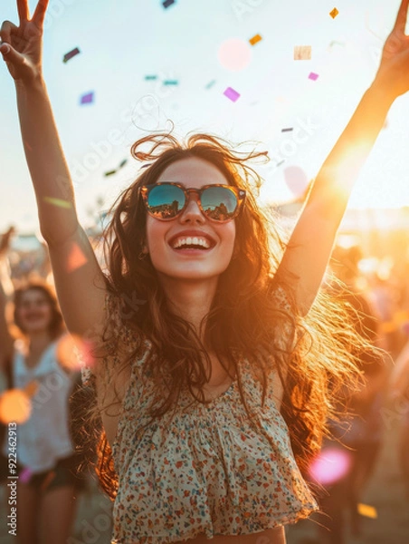 Fototapeta A woman is smiling and holding her hands up in the air