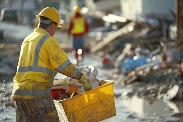 Fototapeta A worker in a yellow jacket and hard hat carries a yellow container through debris in a disaster zone.