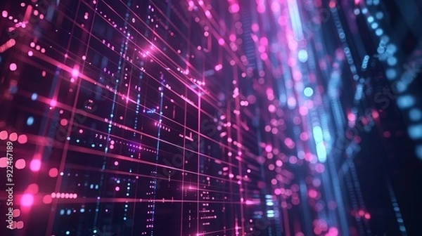 Fototapeta Abstract tech background featuring illuminated fiber optic connections, a quantum computing network system, and global electronic intelligence.