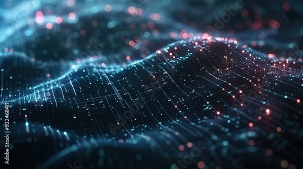 Fototapeta Abstract tech background featuring illuminated fiber optic connections, a quantum computing network system, and global electronic intelligence.