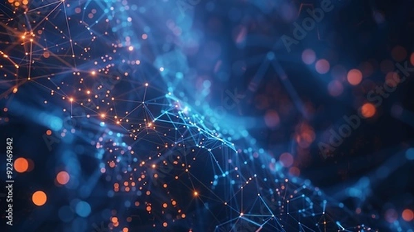 Fototapeta Abstract tech background featuring illuminated fiber optic connections, a quantum computing network system, and global electronic intelligence.