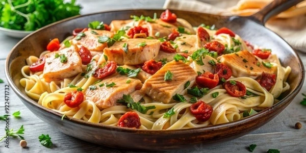 Fototapeta Vibrant roasted red pepper pasta dish loaded with tender salmon, sun-dried tomatoes, fresh parsley, and creamy sauce, perfect for a flavorful dinner.