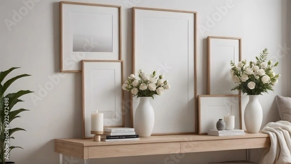 Fototapeta A close up living room interior with an empty mock-up poster frame on the wall, wooden console with a few decorative items and flowers ai generated interior image.