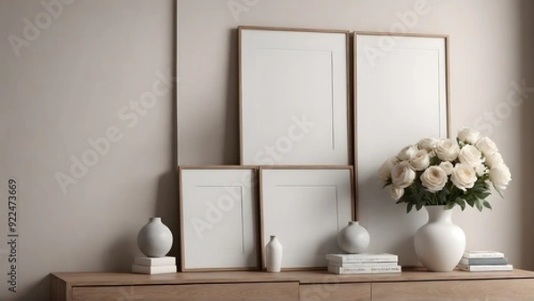 Obraz A close up living room interior with an empty mock-up poster frame on the wall, wooden console with a few decorative items and flowers ai generated interior image.
