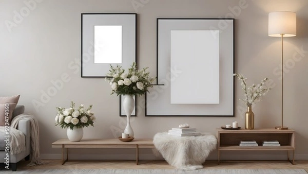Fototapeta A close up living room interior with an empty mock-up poster frame on the wall, wooden console with a few decorative items and flowers ai generated interior image.