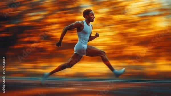 Fototapeta Dynamic Shot of a Sprinter Running at Full Speed During Golden Hour, Capturing the Intensity and Power of the Athlete in Motion with a Blurred Background