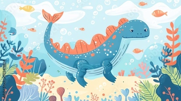 Fototapeta Create a illustration of a Plesiosaurus swimming in the oceanin a kawaii style, simplified to feature fewer elements for a cleaner look, Use a color palette that is appealing to children, with