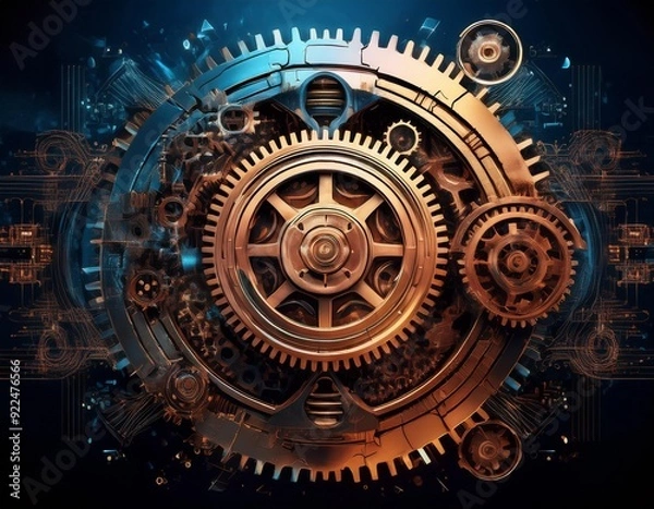 Fototapeta programming language concept with rusty gears emerging from the dark