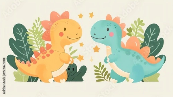 Fototapeta Create a illustration of a Allosaurus stalking preyin a kawaii style, simplified to feature fewer elements for a cleaner look, Use a color palette that is appealing to children, with bright and