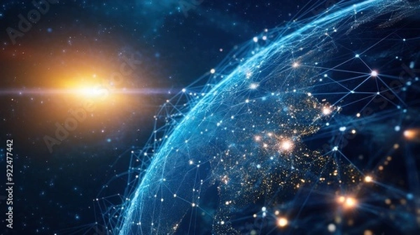 Fototapeta Futuristic digital representation of Earth with connected points and a glowing sun in the background, highlighting global connectivity.