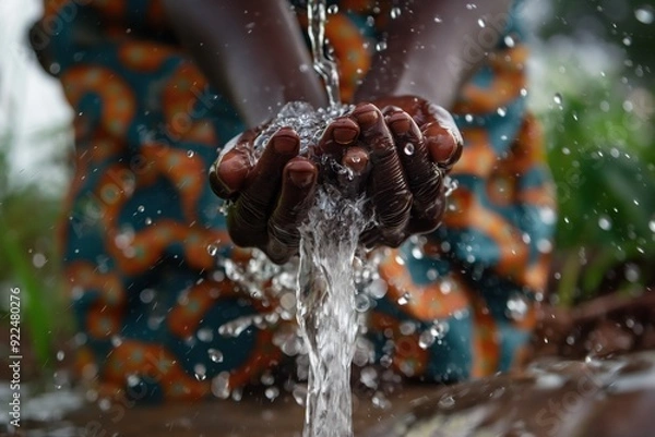 Fototapeta Close-up of hands cupping water from a stream, creating a cascade of droplets.