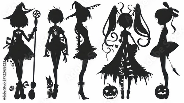 Fototapeta Design black silhouette illustrations of spooky Halloween gothic shirt in various activities 