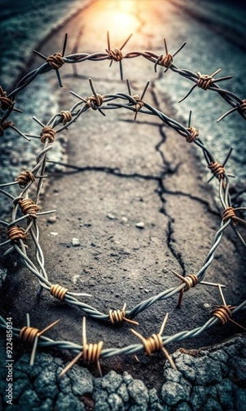 Fototapeta Grunge Tarmac Background with Barbed Wire Frame: Ideal Poster Background for Bold Graphic Design
