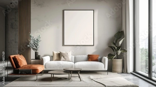 Fototapeta Modern Living Room with White Sofa, Blank Canvas, and Large Window