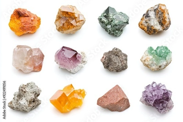 Fototapeta Various colorful mineral stones arranged in a grid, showcasing different textures and hues, perfect for geology and nature-themed content.