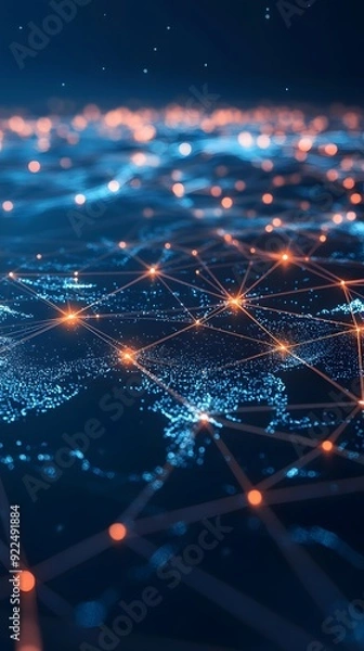 Obraz A digital map of the world with glowing connections between cities, representing global connectivity and data transfer across national borders