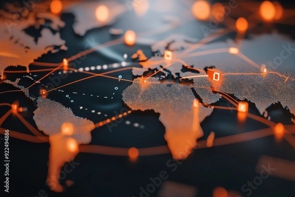 Fototapeta A global map with trade routes connected by digital lines, symbolizing the international reach of B2B e-commerce, e-commerce, online global B2B trade