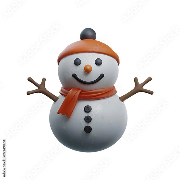 Fototapeta A chibi 3D Snowman with a large head, big eyes, wearing a Christmas-themed hat and scarf, with a carrot nose and coal buttons. The background is transparent.