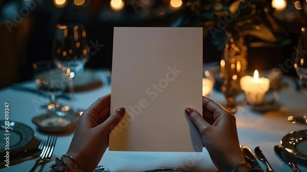 Fototapeta a branding mockup for a menu design of hands holding a blank menu sitting at a table at a fancy restaurant, direct flash bright flash light candle lit table