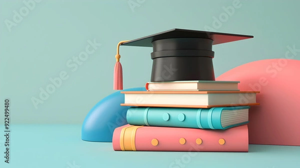 Fototapeta 3D Flat Graduation Cap with Books and Notebook Set on Whimsical Background   Education Symbol with Space for Text and Graphics | Isolated White Background