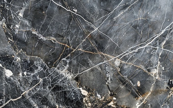 Obraz High-resolution close-up of a dark and textured marble surface with intricate white veining patterns, perfect for background or design projects.