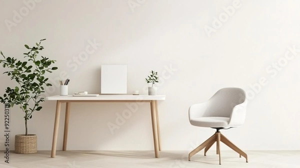 Obraz Minimalist home office with white desk, chair, and plants.