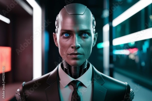 Fototapeta Futuristic humanoid robot with a realistic face, shown against a blurred cityscape background, representing advanced technology and AI