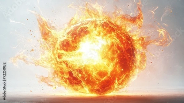 Fototapeta Ornate fireball with fiery tendrils, glowing core, bright spotlight,