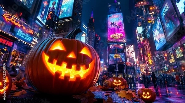 Fototapeta Jack-o'-lantern with a smile on the streets of Times Square Beautiful like a fairy tale in a dream.