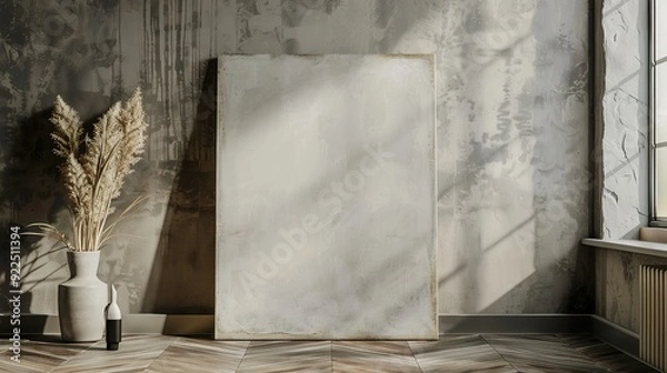 Fototapeta White Canvas Lean Against Concrete Wall With Dried Grass and Vase