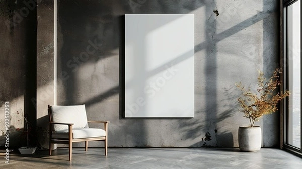 Fototapeta Minimalist Interior with a Large White Canvas and a Wooden Chair